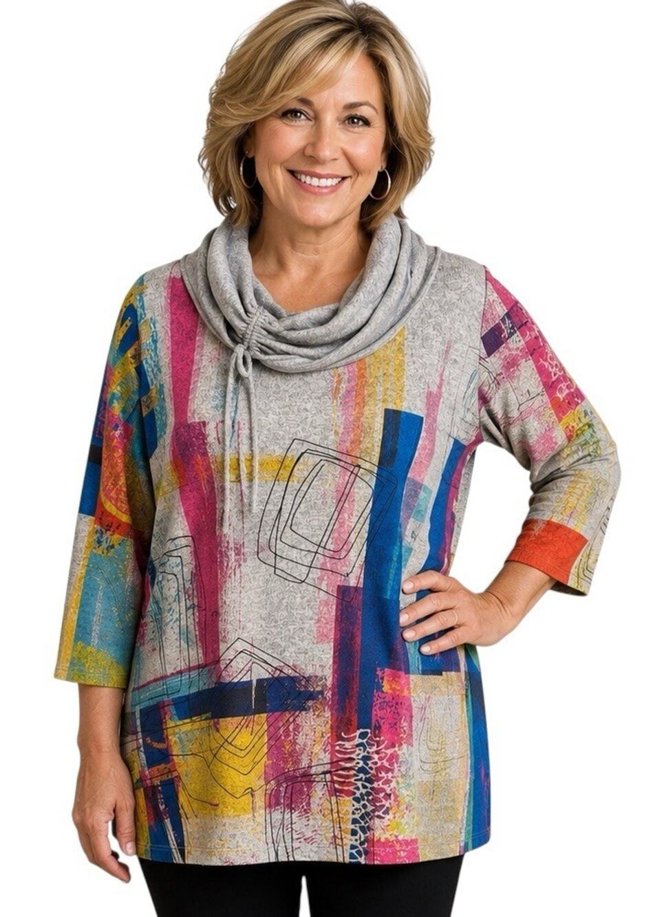 Et Lois Tunic Top Womens 1X Artsy Cowl Neck 3/4 Sleeve Stretch